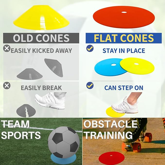 LEZER 6 Inch 8 Inch Flat Cones, Spot Markers, Soccer Cones, Field Court Markers, Sit Spots, Flat Discs, Soccer Training Equipment, Agility Practice, Football, Made in Taiwan