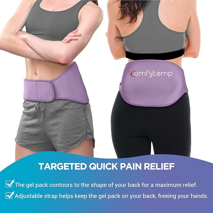 Comfytemp Ice Pack for Back Pain Relief, 2 Packs, Reusable Gel Lower Back Wrap Ice Brace for Sciatica Injuries, Hot Cold Compression for Lower Lumbar, Waist, Men Women Surgery Get Well Gifts (Purple)
