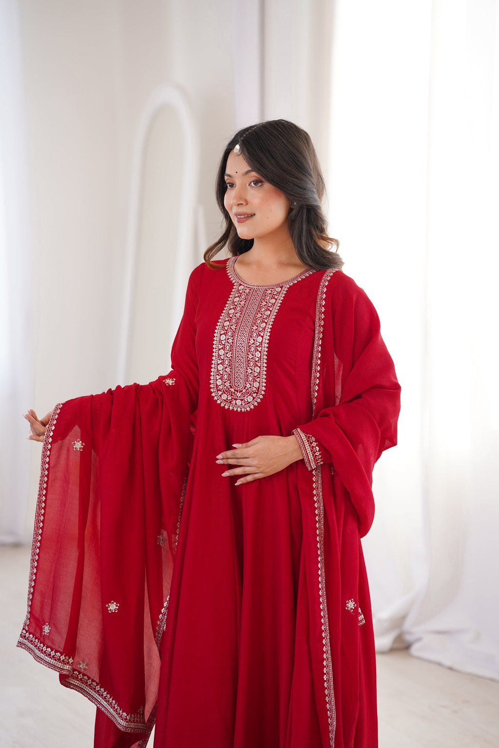 Lorenvalley Fashion Red Vichitra Silk with Full Kali Pattern Embroidery work Anarkali Gown with Dupatta