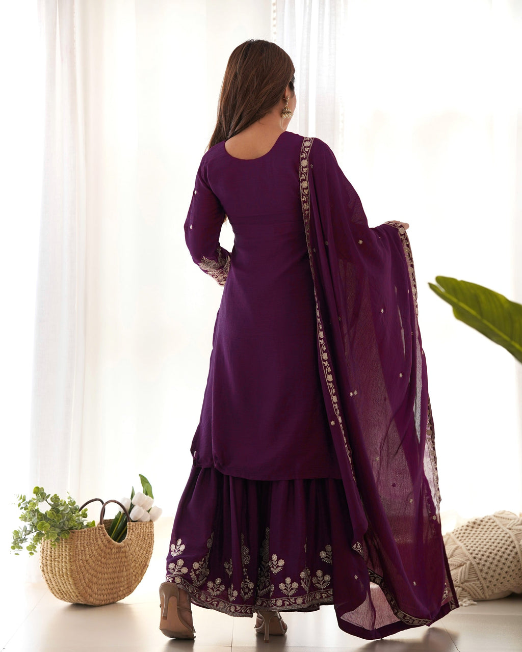 Lorenvalley Fashion Wine Chinnon Silk with Embroidery Sequence and Jari Work Kurta Sharara with Dupatta