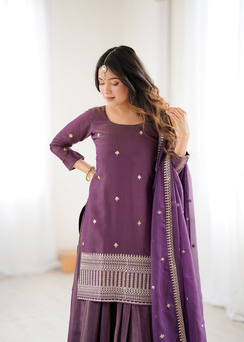 Lorenvalley Fashion Purple Roman Shimmer Chanderi Silk with Embroidery Jari Work Kurta Lehenga with Dupatta