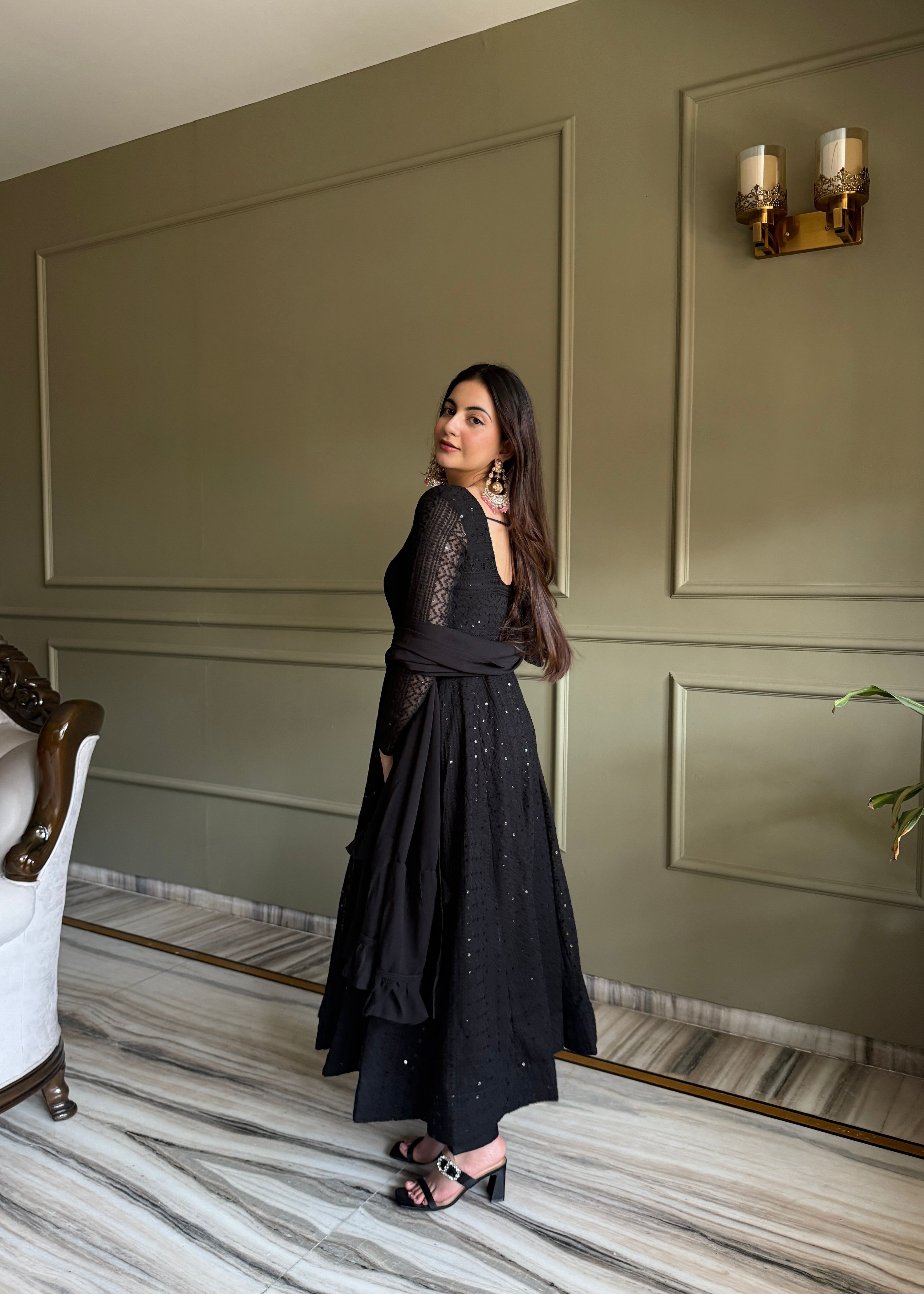 Lorenvalley Fashion Black Faux Georgette Lucknowi Sequence & Thread Work Anarkali Gown Pant with Dupatta