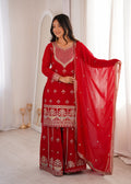 Lorenvalley Fashion Red Faux Georgette Embroidery Dori, Jari, Sequence and Thread Work Kurta Sharara with Dupatta
