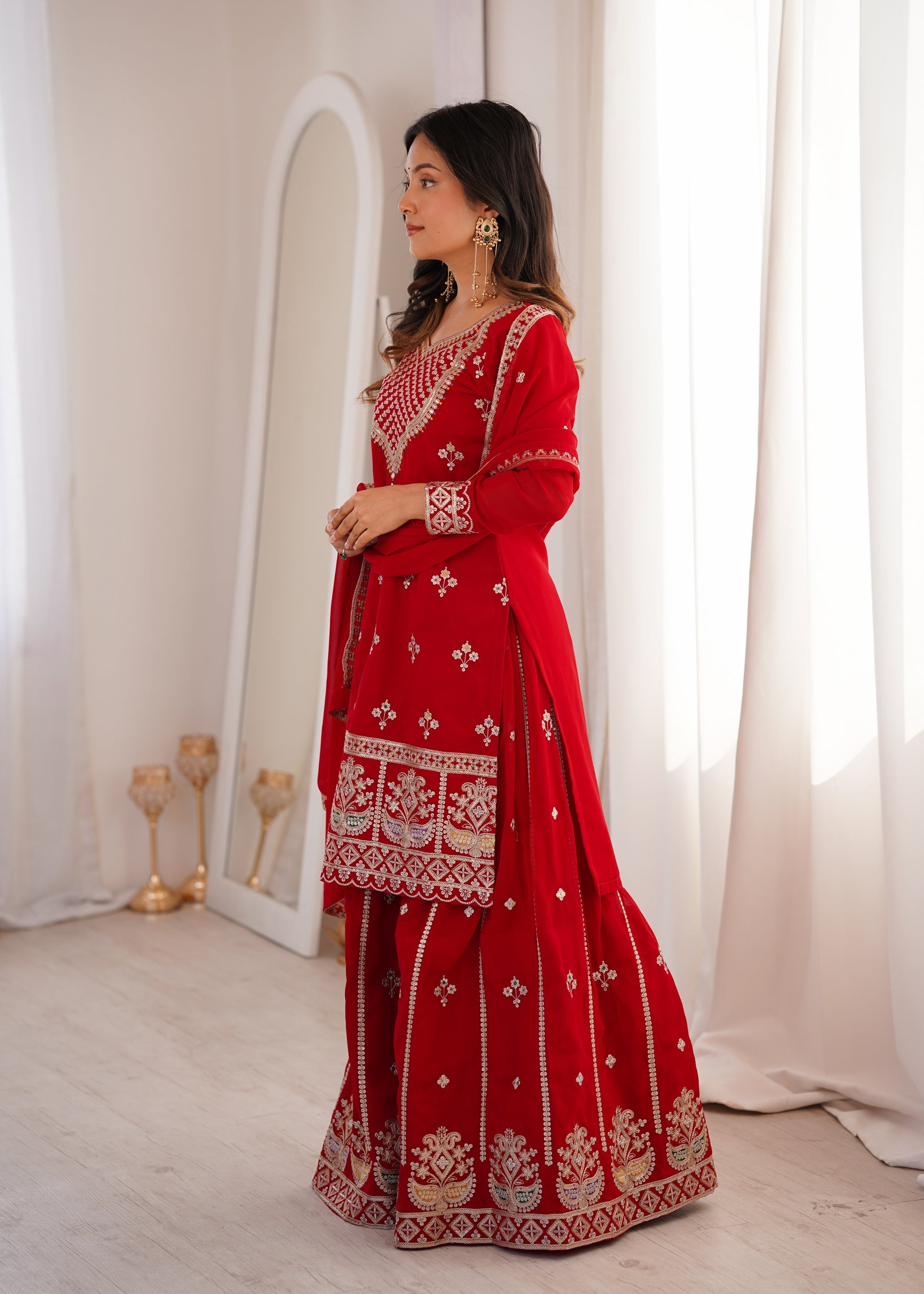 Lorenvalley Fashion Red Faux Georgette Embroidery Dori, Jari, Sequence and Thread Work Kurta Sharara with Dupatta