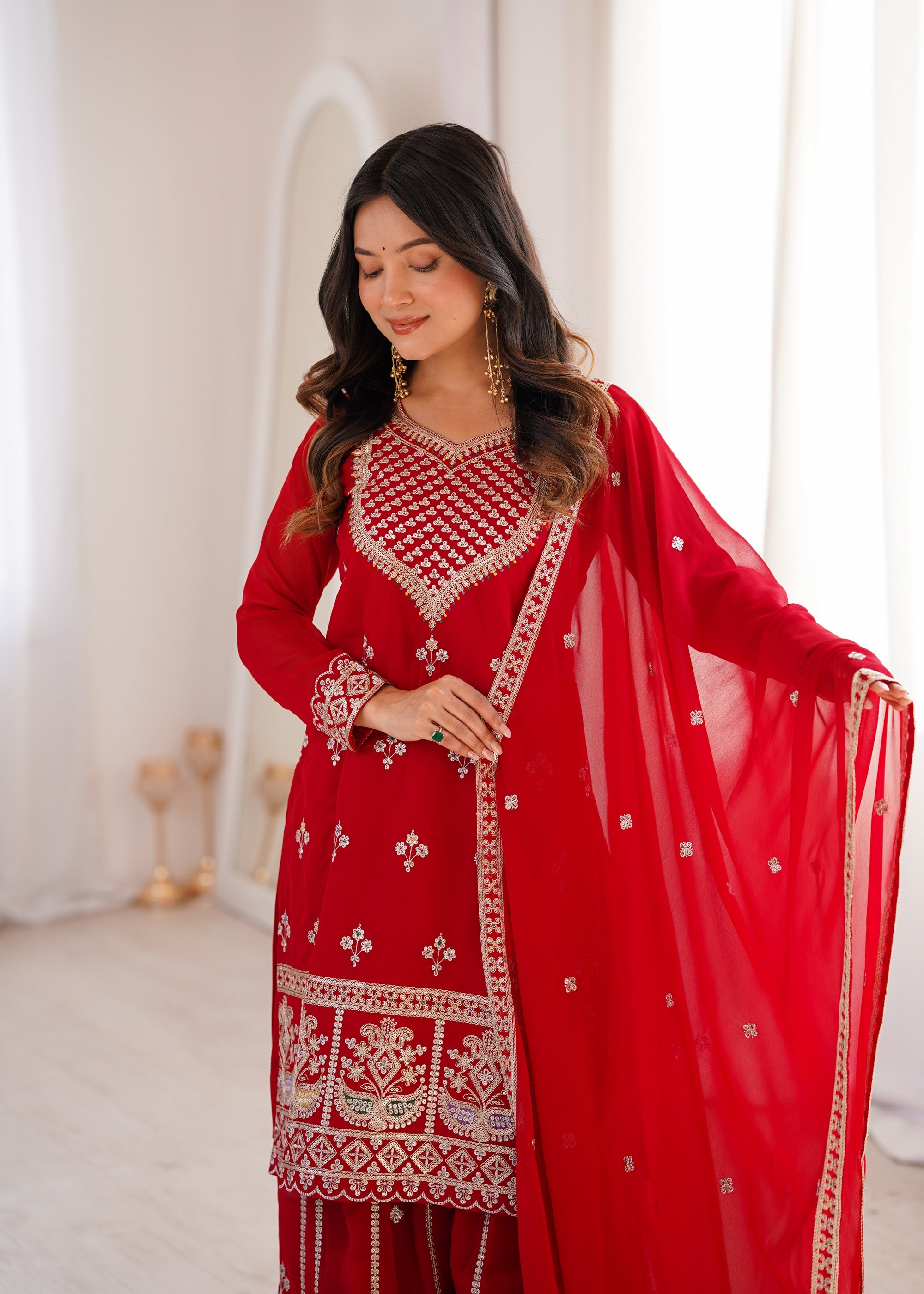 Lorenvalley Fashion Red Faux Georgette Embroidery Dori, Jari, Sequence and Thread Work Kurta Sharara with Dupatta