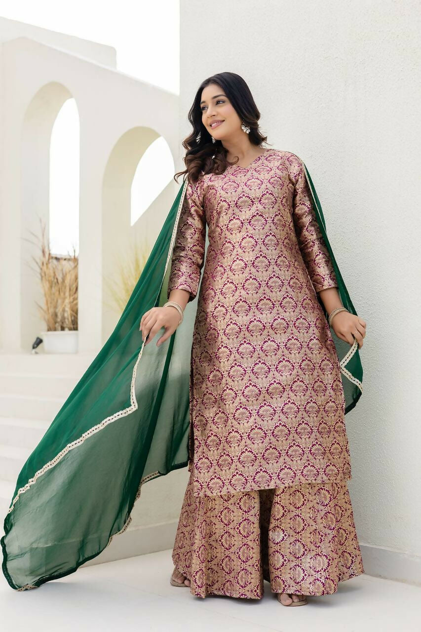 Teeya Creation Peach Viscose Jacquard Party Wear Designer Suit