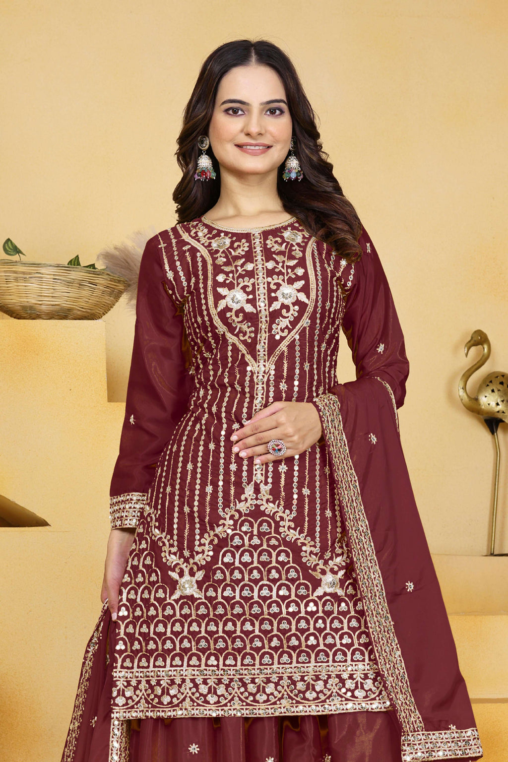 Lehenga Mart Designer Sharara Suit With Kurta, Sharara, Dupatta For Women-Maroon