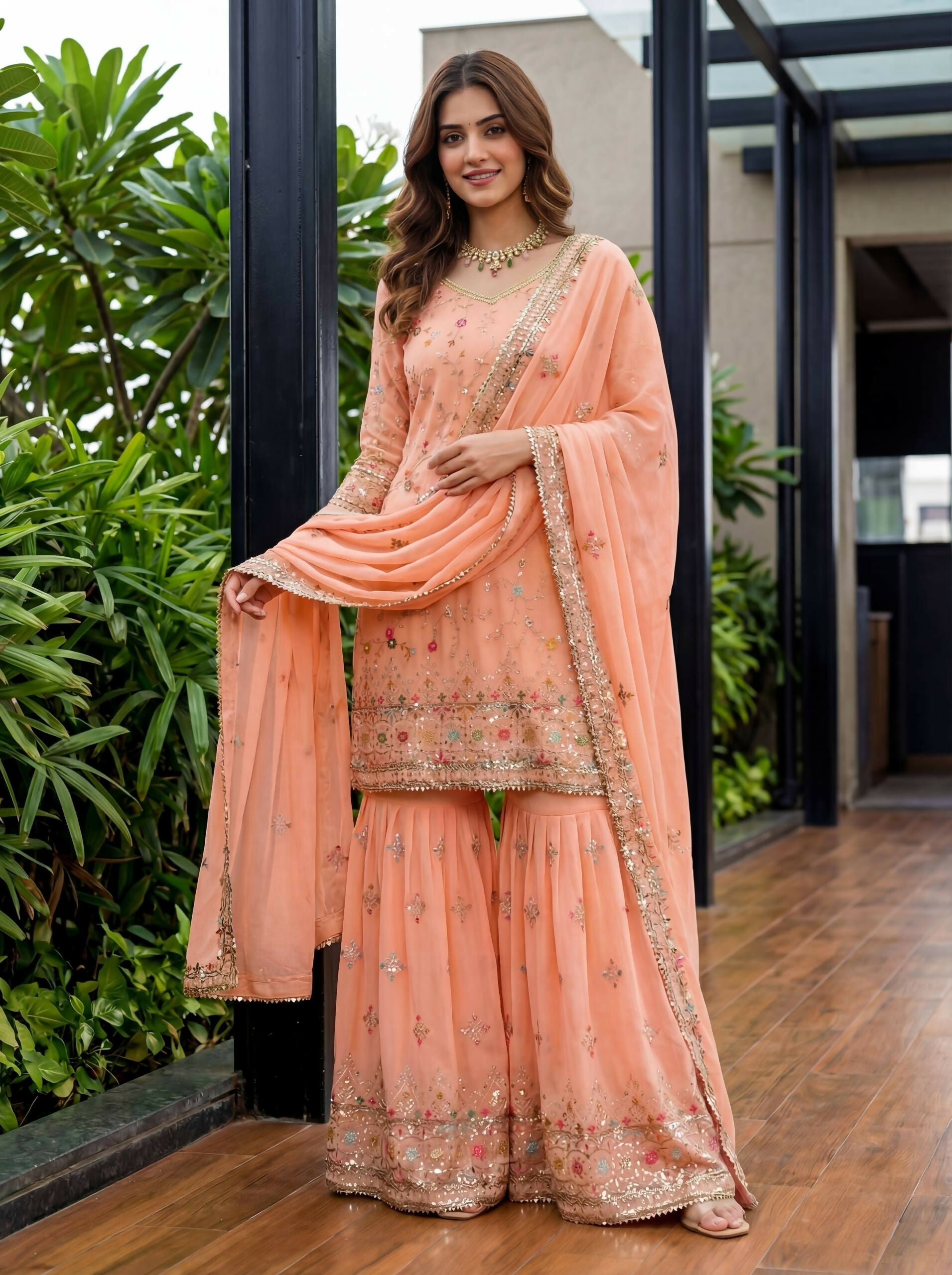 Joban Fashion Orange Georgette Embroidered Sharara Set