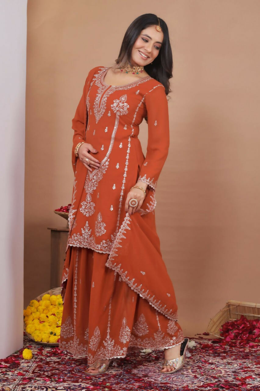 Joban Fashion Dark Orange Georgette Embroidered Sharara Set