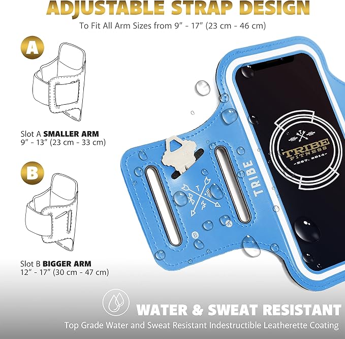 TRIBE Water Resistant Cell Phone Armband Case Running Holder for iPhone Pro Max Plus Mini SE (13/12/11/X/XS/XR/8/7/6/5) Galaxy S Ultra Plus Edge Note (21/20/10/9/8/7/6/5) Adjustable Strap & Key Pocket