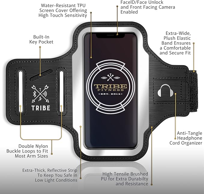 TRIBE Running Phone Holder Armband. iPhone & Galaxy Cell Phone Sports Arm Bands for Women, Men, Runners, Jogging, Walking, Exercise & Gym Workout. Fits All Smartphones. Adjustable Strap, CC/Key Pocket