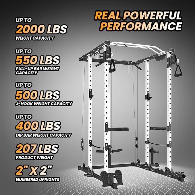 GaveeLife Power Cage, 2000 LBS Power Rack with Cable Cross-Over System, Multi-Functional Strength Training Squat Rack with LAT Pull Down System, Home Gym Equipment with Training Attachment, Red