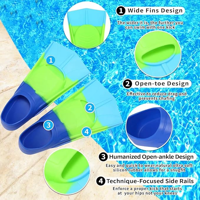 Kids Swim Fins,Short Comfortable Flippers for Lap Swimming and Training for Child,Girls,Boys,Beginners
