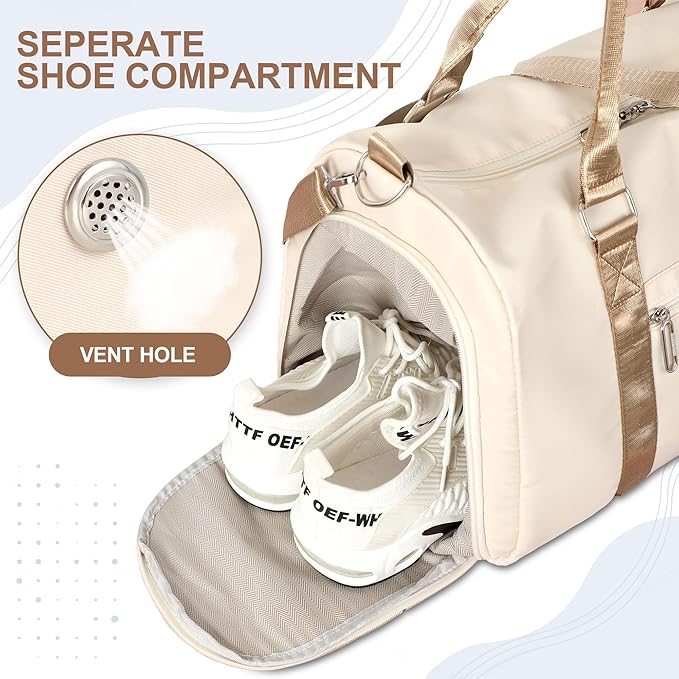 FIORETTO Womens Gym Tote Duffle Bag with Wet Pocket & Shoe Compartment, Sports Duffel Overnight Weekender Hospital Workout Carry on Bag for Girls, Ideal for Travel, Swimming, Dance, Ballet Beige