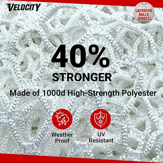 Velocity Heavy Duty Black & White Lacrosse Net - Fits 6’x6’x7’ Goals - Weatherproof, UV Resistant 1000D High-Strength Polyester - Comes with 100+ Feet of Lacing Cord and 4 Quick Ties