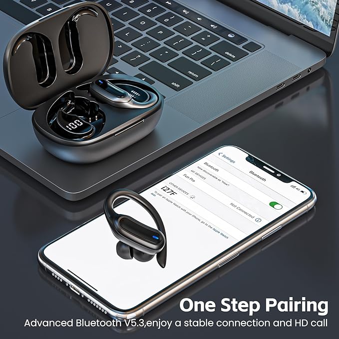 Wireless Earbuds, Bluetooth 5.4 Headphones, True Wireless Stereo Earphones with IPX7 Waterproof, Noise Cancelling Mic, Fast Charging and Comfort Fit Ear Buds for Sports/Workouts - Black