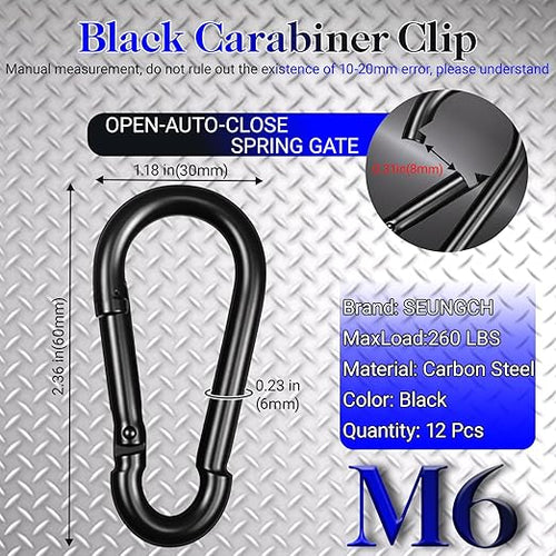 2.36" Spring Snap Hook Carabiners, 12 Pcs Galvanized Steel Black Small Carabiner Clip, Keychain Clip, Quick Link Key Chain for Hammock Swing Set Outdoor Travel, Camping, Fishing, Hiking