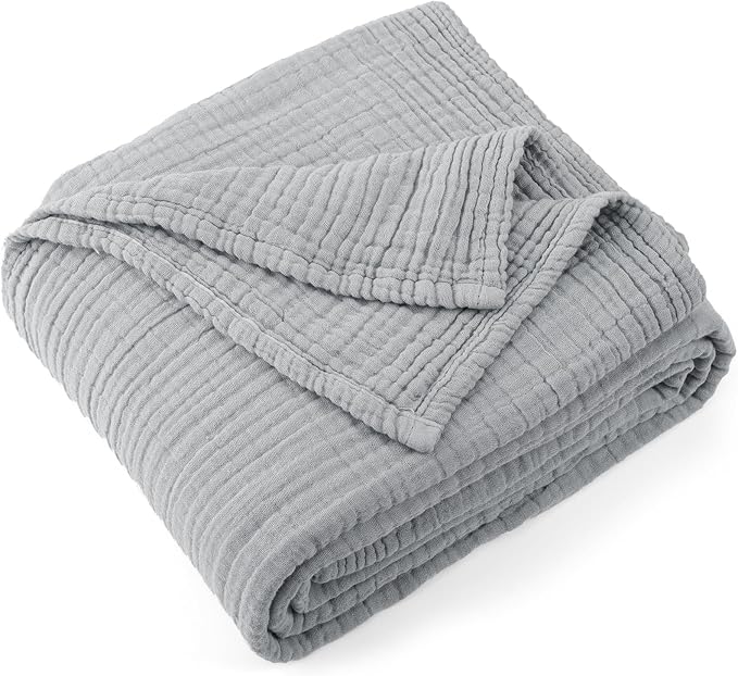 Carriediosa 100% Cotton Muslin Throw Blanket 108" X 90" King Size，4-Layers Summer Gauze Throws for Bed Couch，Soft Lightweight Breathable Linen Blankets Bedspread for Adults All Season，Grey