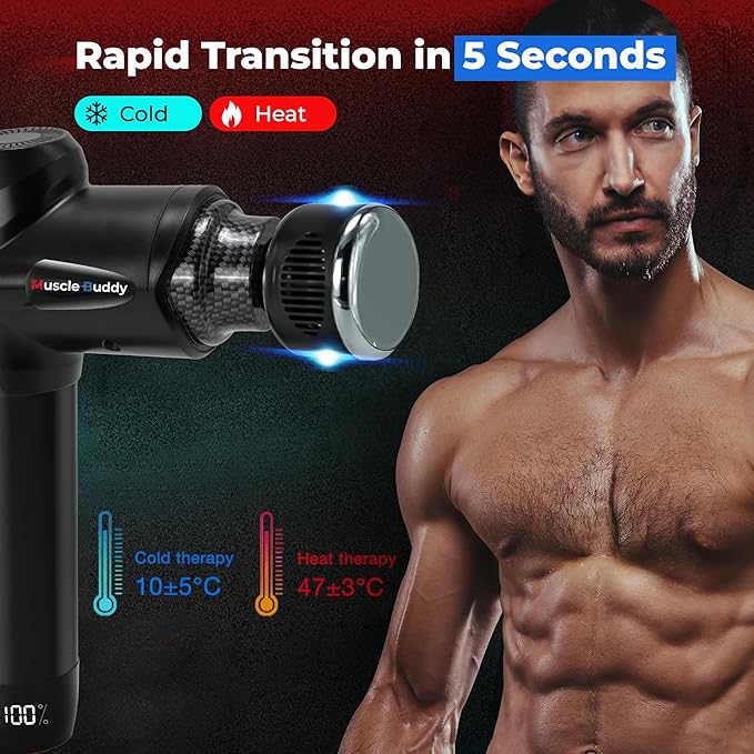 Massage Gun Deep Tissue with Heat and Cold Head, 6 Temperatures, 20 Levels & 10 Heads, Handheld Muscle Massager Gun with Carry Case, Portable Percussion Muscle Massager Gun (Black)