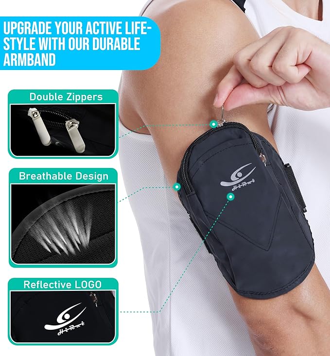 HiRui Universal Comfort Armband Phone Holder Running Armband Adjustable Wristband Phone Holder for Exercise Workout Compatible with iPhone 16/15/14/13/Plus/Pro Samsung Galaxy All Phones (Black)