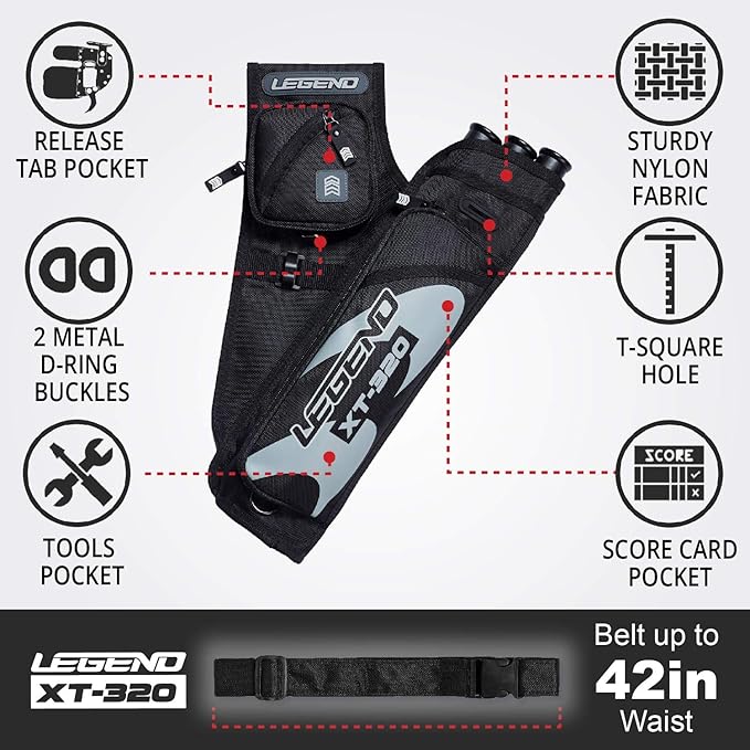 LEGEND XT320 Archery Quivers - Nylon Hip Quivers with 3 Arrow Tube Cases for Target Shooting - Adjustable Waist Belt, T-Slot, Storage Compartments for Accessories, Gear, Tools, Release Tab, Score Card
