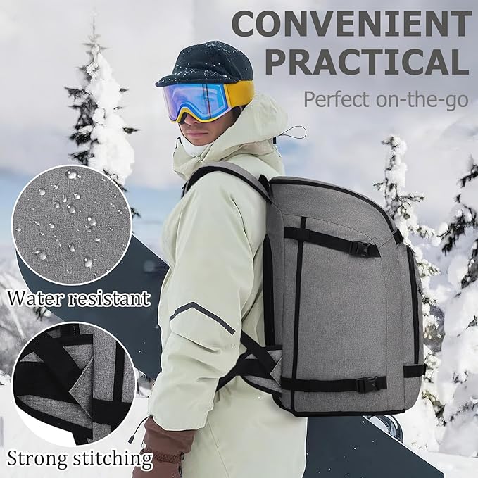 JIANYA Ski Boot Bag, 50L Waterproof Travel Backpack for Snowboard, Ski Helmet, Goggles, Gloves & Accessories, Gray
