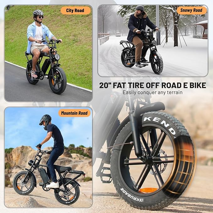 V8 Electric Bike for Adults, 20'' Fat Tire E Bike with Powerful Motor 48V 15Ah Removable Battery, 7-Speed Gears, 2 Seater E-Bike, Ebike Moped Style for Mountains, Snow, Sand, Road
