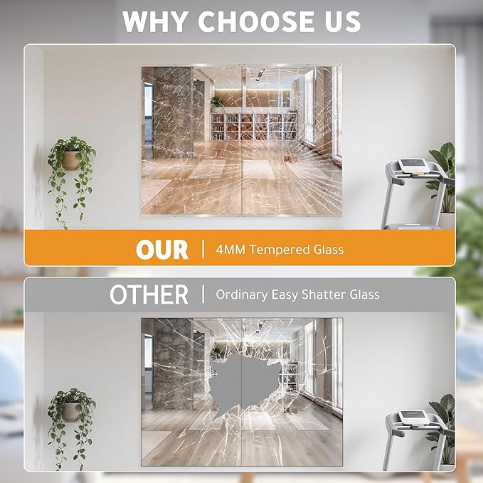 ROOMTEC Workout Mirrors for Home Gym 60"x36"-2PCS, Large Wall Mirror Full Length for Fitness, Yoga, Big Wall Mounted Frameless Glass Mirror for Garage, Dance Studio, Bedroom