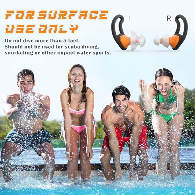 Hearprotek Ear Plugs for Swimming, [2 Pairs] Swim Ear Plugs Adults-Waterproof Silicone Water earplugs for Men Women Juniors Swimmers Pool Shower Bathing (Orange)