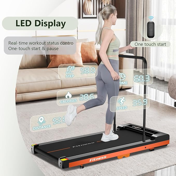 Walking Pad, Under Desk Treadmill for Home, Portable Treadmill 300 lbs Capacity (Orange-Handrail New)