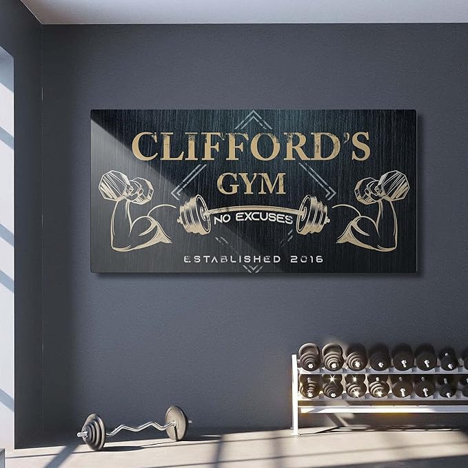 Tailored Canvases Personalized Gym Sign Wall Art Decor - Motivational Canvas for Home Gym, Workout Room, Garage, Fitness Center - Workout Inspirational Posters - Gym Name on Charcoal Background, 60x30in