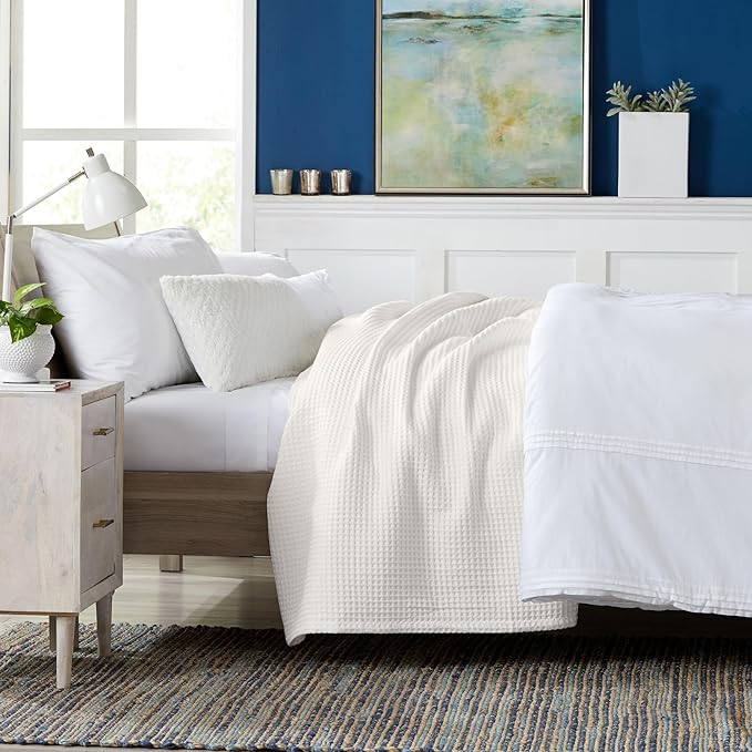 100% Cotton Waffle Weave Queen Bed Blanket | Soft, Breathable, and Lightweight Blanket for All-Seasons | Perfect for Layering | Brielle Collection (King, Ivory)