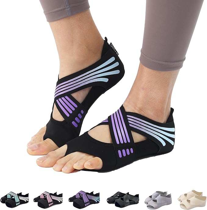 ABIRAM Yoga Socks Toeless Non-Slip Grips & Straps, for Pilates, Barre, Ballet, Bikram, Workout for Women