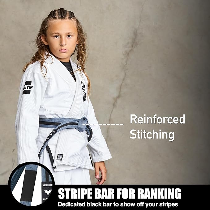 Elite Sports Kids Brazilian Jiu Jitsu Belts Preshurunk Martial Arts Youth BJJ Belts for Girls & Boys with BJJ Ranking Stripes