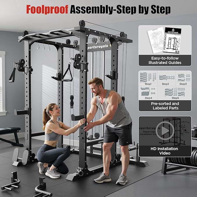 Sportsroyals Power Cage,1600lbs Multi-Function Power Rack with Adjustable Cable Crossover System and More Training Attachment, Weight Cage for Home Gym