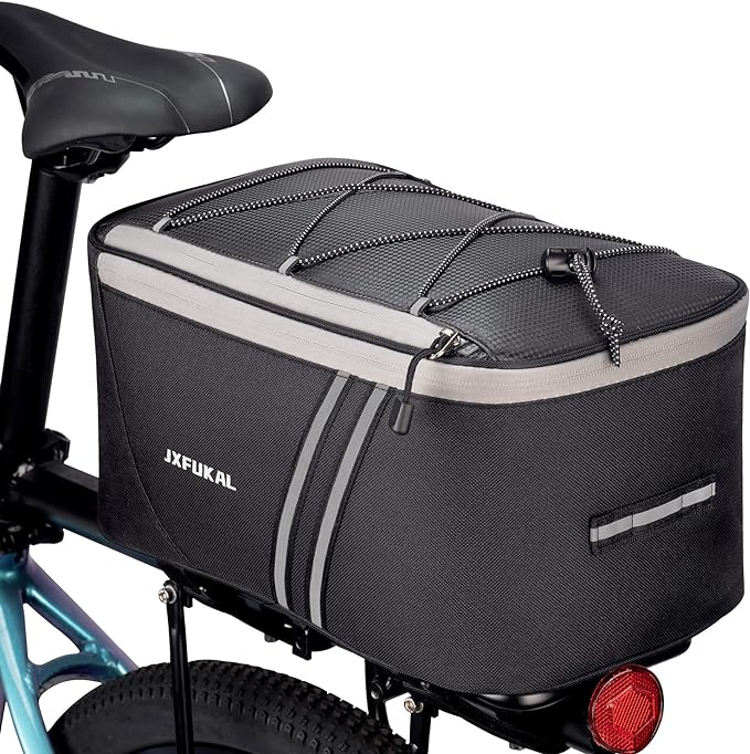 JXFUKAL Rear Bike Rack Bag with Rain Cover, 7L/9L/10L/12L Waterproof Bicycle Ebike Saddle Bag Cycling Pannier Trunk Carrier with Reflector & Adjustable Cord for Commuter Travel Outdoor