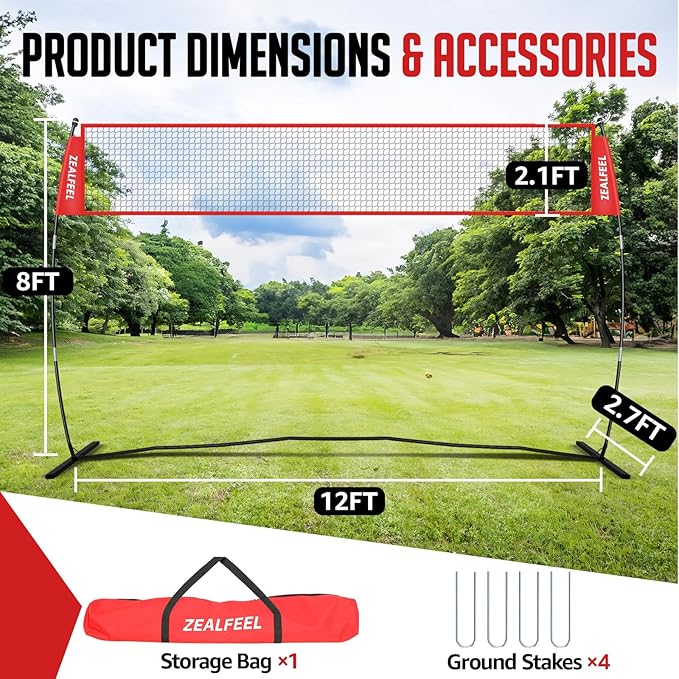 Volleyball Net, 12ft/20ft Training Set Height Adjustable, Portable Freestanding Practice for Hitting or Serving Drills, Pop up With Carry Bag for Backyard or Outdoor
