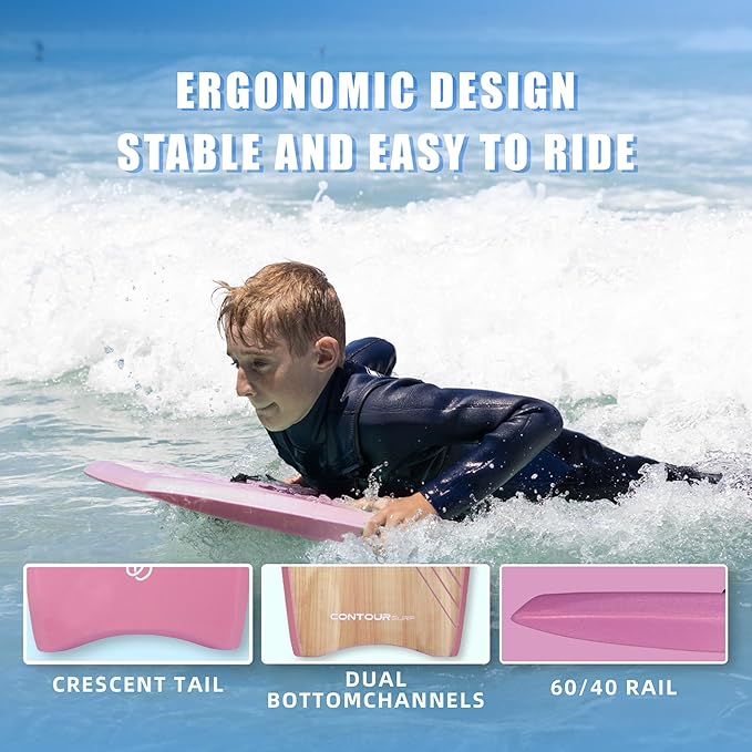Reed Body Board 33 Inches Bodyboard Body Boards for Beach Kids Lightweight EPS Core Dual Channel Double Swivel Coiled Wrist Leash for All Surfing Levels