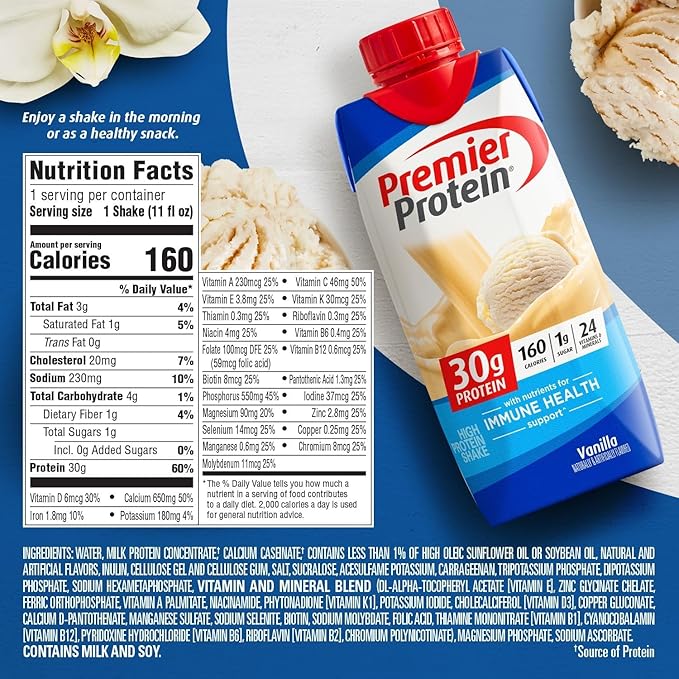 Premier Protein Protein Shake, Vanilla, 30g Protein, No Added Sugar, 11 fl oz Pack of 12 (Packaging May Vary)