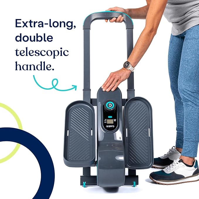 Cubii GO Aqua - Compact Whisper Quiet Under Desk Elliptical with LCD Monitor, Adjustable Resistance, Portable Design with Telescopic Handle & Wheels