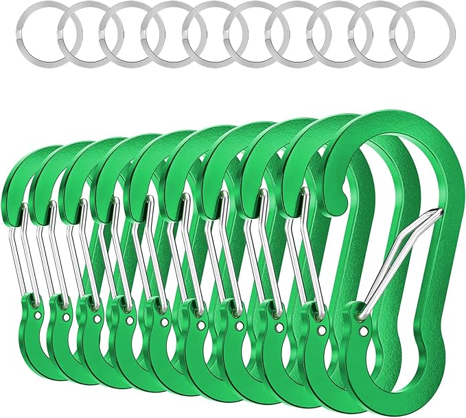 sprookber 3.2 Inch Aluminum Carabiner Clips D Ring, Caribeaner Spring Snap Hook with Keychain for Camping, Hiking, Gym & Outdoor Gear, Set of 10