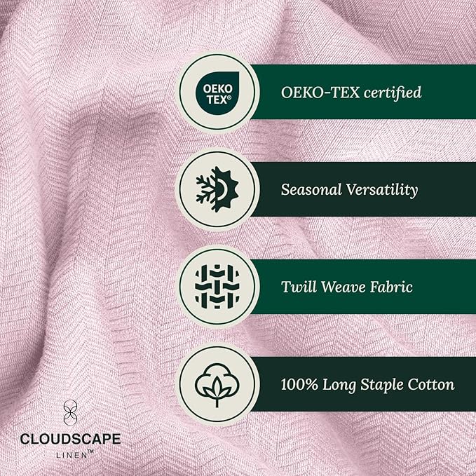 Cloud Scape Linen Herringbone Cotton Throw Blanket for Couch, Bed,Sofa, Home Decor, Soft, Lightweight, All-Season Bed Blanket, 50 x 70, Seashell Pink