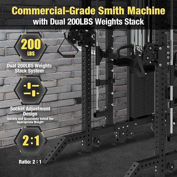 Commercial Functional Trainer Cable Machine with Dual Weight Stacks, Power Cage Squat Rack, Dual Cable Crossover Machine with Pulley System