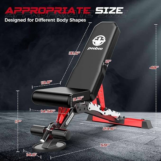 Pooboo Weight Bench, Adjustable Workout Bench for Home, 1500LBS Weight Capacity Heavy Duty Strength Training Bench, Flat/Incline/Decline Positions for Full Body Workout
