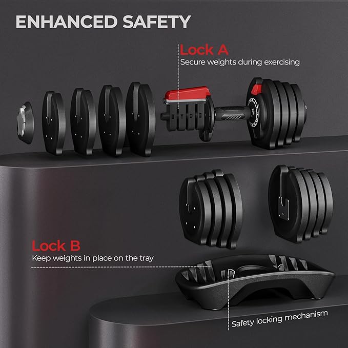 Yaheetech Adjustable Dumbbell Set 28/40/52.5/90LBS Adjustable Dumbbells Fast Adjust Dumbbell Weight Set with Anti-Slip Handle and Tray for Men/Women Home Gym Strength Training Equipment Single/Pair