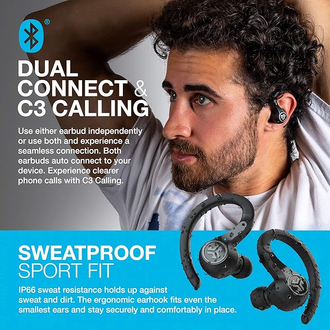 JLab Epic Air Sport ANC True Wireless Bluetooth 5 Earbuds, Headphones for Working Out, IP66 Sweatproof, 15-Hour Battery Life, 55-Hour Charging Case, Music Controls, 3 EQ Sound Settings