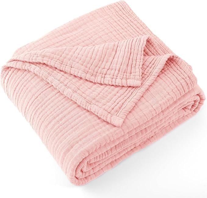 Carriediosa 100% Cotton Muslin Throw Blanket 66" X 90" Twin XL Size，4-Layers Summer Gauze Throws for Bed Couch，Soft Lightweight Breathable Linen Blankets Bedspread for Adults All Season，Dusty Pink
