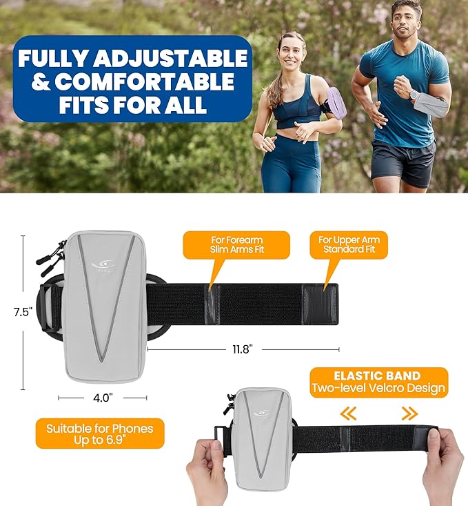 HiRui Cell Phone Holder Arm Bag & Wrist Bag for Phone, Sports Running Armband for Gym & Cycling, Compatible with iPhone 16/16Pro/Plus/15/14 Samsung Galaxy All Phones, Reflective & Adjustable (Gray)