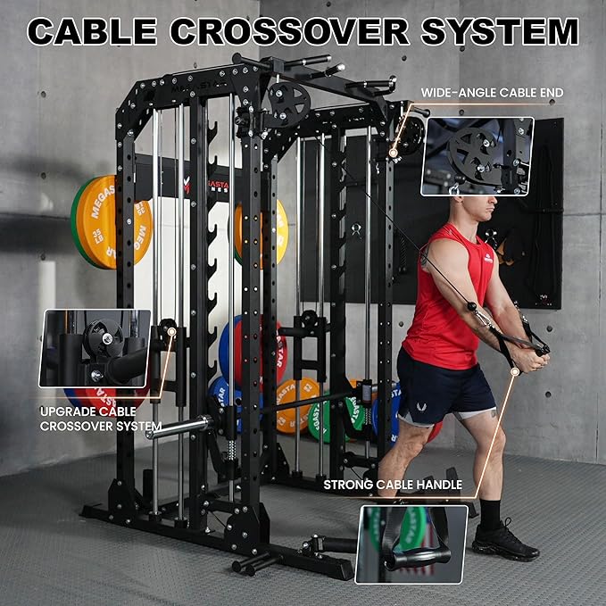 Smith Machine Home Gym with Aluminum Pulley Set- 2000lbs Capacity All-in-One Power Rack with Cable Crossover, Pull-Up Bar & Dip Station, Includes 18 Attachments, P107 Anvil