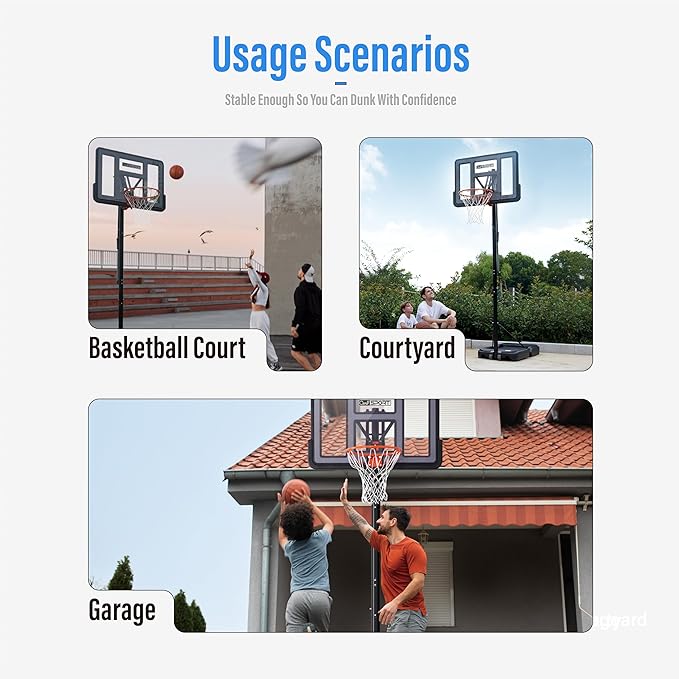 Portable Basketball Hoop Outdoor, 4.8-10FT Height Adjustable Basketball Hoop Goal System with 44-48 Inch Impact Backboard and Portable Wheels for Adults